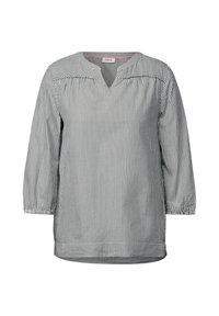 Blouse rayée en gris et blanc avec un col en V, des manches trois-quarts et des poignets froncés. Fabriquée en tissu léger. Coupe simple et décontractée.