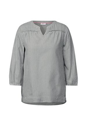Striped blouse in gray and white with a V-neck, three-quarter sleeves, and gathered cuffs. Made of lightweight fabric. Simple, relaxed fit.