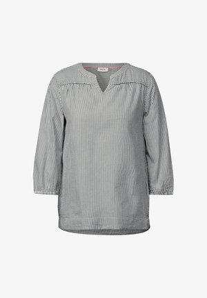Blouse rayée en gris et blanc avec un col en V, des manches trois-quarts et des poignets froncés. Fabriquée en tissu léger. Coupe simple et décontractée.