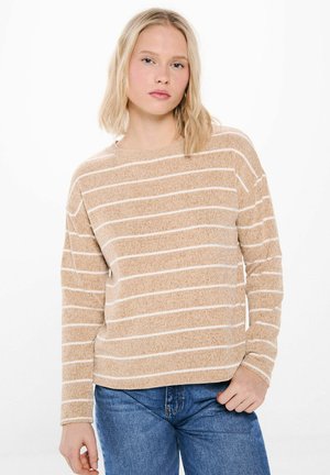 Beige striped sweater with white horizontal stripes, made of textured knit material. Features a round neckline and long sleeves.