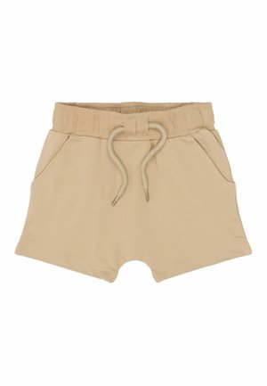 Pantalones cortos de algodón beige con cintura elástica y cordón, bolsillos laterales y un acabado sencillo con dobladillo.