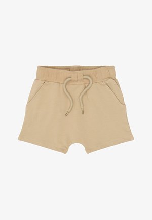 Beige bomuldershorts med elastisk linning med snøre, sidelommer og en enkel opsmøgning.