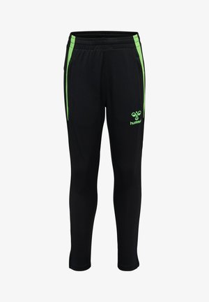 Sorte atletikbukser med tætsiddende pasform, med grønne striber på siderne og et grønt Hummel-logo på det øvre lår.
