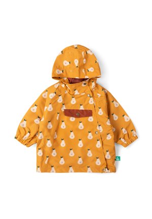 Gelber Kinderregenmantel mit Kapuze und Birnenmuster, Fronttasche mit Knopfklappe sowie Druckknöpfen an Seite und Saum.