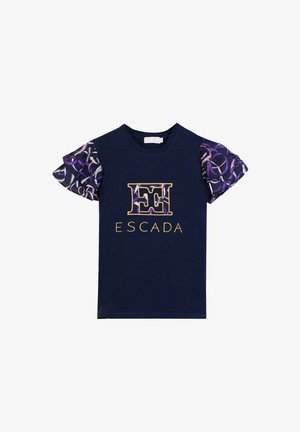 Camicia blu navy a maniche corte con maniche viola a sbuffo con motivo, grande logo "EE" multicolore e scritta "ESCADA" in oro sul davanti.