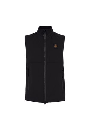 Gilet senza maniche nero realizzato in materiale soft shell, con colletto alto, zip frontale e due tasche laterali. Patched con logo sul petto.