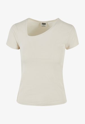 Kreminės spalvos trumpomis rankovėmis marškinėliai su apvaliu iškirpimu, pagaminti iš glotnaus medvilnės audinio, pasižymintys prigludusia siluetu ir be matomų raštų.