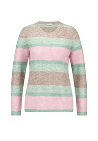 Gestreifter Pullover in Pink-, Grün- und Beigetönen. Strickstruktur, Rundhalsausschnitt, lange Ärmel, mit breiten horizontalen Streifen.