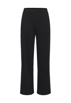 Pantaloni neri a gamba larga realizzati in un tessuto liscio ed elastico; presentano una comoda vita elasticizzata e nessuna cucitura o tasca visibile.