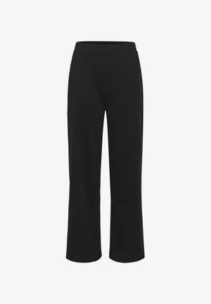 Schwarze, weit geschnittene Hose aus einem glatten, dehnbaren Stoff; verfügt über einen bequemen Gummibund und keine sichtbaren Nähte oder Taschen.