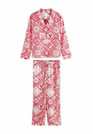 Rött och vitt mönstrat pyjamaset med långärmad tröja och byxor. Designen inkluderar hjärtan, band och blommönster. Mjuk tygstruktur.