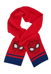 Red knitted scarf with a Spiderman face design, featuring white eyes and black web pattern. Blue stripe accents at the ends.