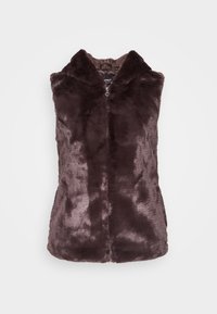 Faux-Fur-Weste in Dunkelbraun, ärmelloses Design mit hohem Kragen und Reißverschluss. Weiche Textur mit glatter Oberfläche und dezentem Glanz.