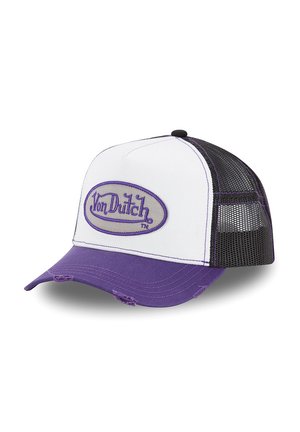 White and purple baseball cap with black mesh back, purple stitching, and "Von Dutch" logo patch on the front panel.