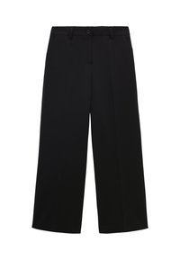 Pantalon noir large et court avec bouton et fermeture éclair à l'avant, passants pour ceinture et poches latérales, présenté sur fond blanc.