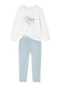 Long-sleeve white top with floral design and text, paired with soft light blue plush leggings. Colors are pastel and fabric appears cozy.