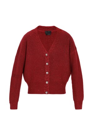 Rode gebreide vest met een V-hals, lange mouwen en een verkorte zoom. Voorzien van zilveren knoopsluitingen en een textuurpatroon met een subtiele glans.