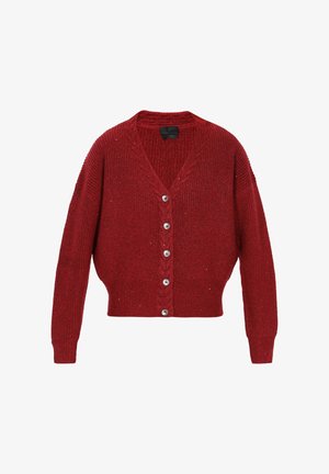 Rode gebreide vest met een V-hals, lange mouwen en een verkorte zoom. Voorzien van zilveren knoopsluitingen en een textuurpatroon met een subtiele glans.