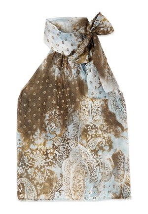 Sukienka bez rękawów z dekoltem halter w wzory paisley i kwiatowe w odcieniach brązu i jasnego niebieskiego, zawiązana na kokardę przy szyi.