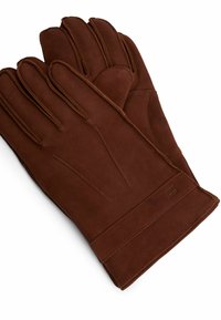 Brown leather gloves with a smooth texture, five-finger design, and contrasting stitching. Cuff features a branded accent in the corner.
