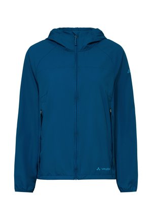 Blauwe lichtgewicht jas met capuchon, volledige ritssluiting aan de voorkant, ritssluitingen aan de zijkanten, elastische manchetten en het Vaude-logo op de borst en mouw.