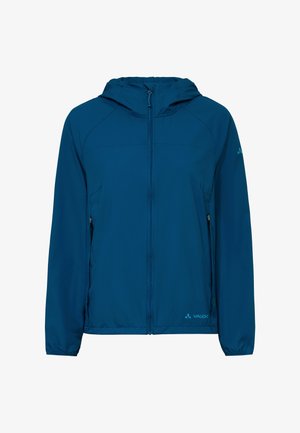 Blauwe lichtgewicht jas met capuchon, volledige ritssluiting aan de voorkant, ritssluitingen aan de zijkanten, elastische manchetten en het Vaude-logo op de borst en mouw.
