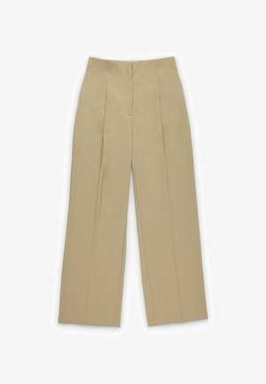 Béžové nohavice s širokými nohavicami a vysokým pásom, s prednými skladmi a hladkou, textúrovanou textíliou. Žiadny viditeľný hardvér ani vzory.