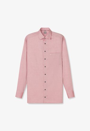 Rotes Langarmhemd mit Muster und klassischem Kragen, ausgestattet mit einer Brusttasche und schwarzen Knöpfen entlang der vorderen Öffnung. Weiche Stoffstruktur.