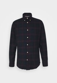 Mörk rutig skjorta med långa ärmar och knäppt krage, uppvisad mot en enkel vit bakgrund.