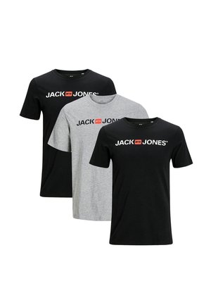 Drei T-Shirts mit kurzen Ärmeln und Rundhalsausschnitt in Schwarz und Grau, mit dem "JACK & JONES" Logo auf der Brust gedruckt.