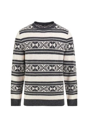 Crew neck sweater med sorte og hvide geometriske horisontale striber og ribstrikkede ærme- og bundkanter.