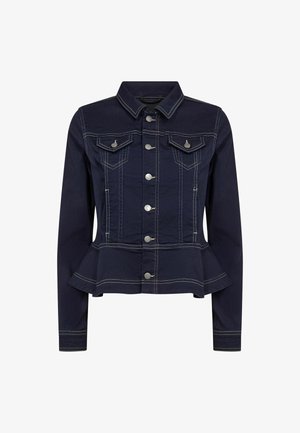 Dunkelblaue Jeansjacke mit silbernen Knöpfen, zwei Brusttaschen, weißen Nähten, Peplum-Saum, langen Ärmeln und einem Kragen.