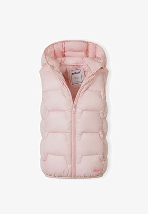 Šviesiai rožinė paminkštinta liemenė be rankovių su priekiu užtrauktuku ir kapišonu, pažymėta vaikams nuo 5 metų amžiaus.