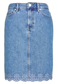 Džínová sukně v světle modré barvě se střihem do rovna. Má vykrojený lem s květinovou výšivkou. Čtyři kapsy a zapínání na předním knoflíku.