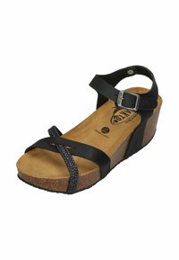 Black wedge sandals feature a braided strap design and adjustable ankle buckle. The insole is brown suede-like material. Cork midsole adds texture.