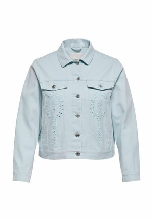 Lys blå denimjakke med knappestolper, to brystlommer med klaff og blomsterutskjæringsbroderi på frontpanelene.