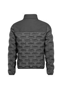 Dunkelgraue gepolsterte Jacke mit hohem Kragen, gestepptem rechteckigem Muster und glattem oberen Rückenpaneel.