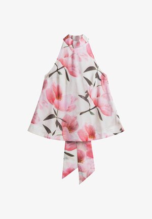 Hihaton valkoinen halterneck-toppi, jossa vaaleanpunainen kukkakuvio ja pitkä kangasnauha roikkumassa takakauluksesta valkoista taustaa vasten.