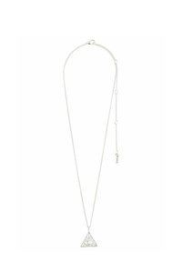 Silverhalsband med en triangulär pendant som har intrikata detaljer och en central pärla. Justerbar kedjelängd med lås.