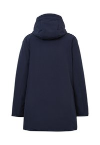 Cappotto impermeabile blu navy con cappuccio, caratterizzato da un taglio dritto, texture liscia e design minimalista. Nessuna hardware o modelli visibili.