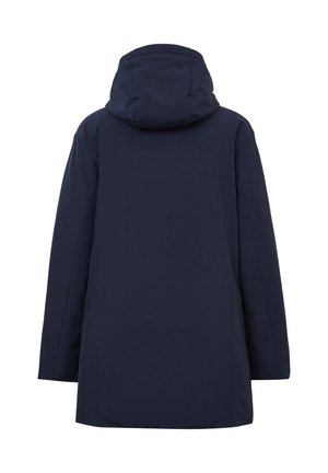 Cappotto impermeabile blu navy con cappuccio, caratterizzato da un taglio dritto, texture liscia e design minimalista. Nessuna hardware o modelli visibili.