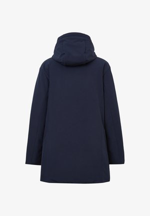 Cappotto impermeabile blu navy con cappuccio, caratterizzato da un taglio dritto, texture liscia e design minimalista. Nessuna hardware o modelli visibili.