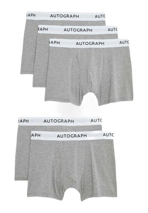 Paket mit vier grauen Baumwoll-Boxershorts mit weißem Bund, der mit "AUTOGRAPH" beschriftet ist. Schlichtes Design, mittellang und weiche Textur.