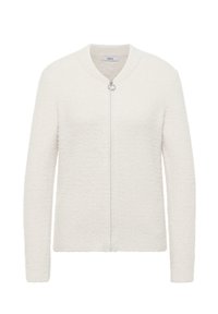 Biały kardigan na zamek z teksturowanej, miękkiej tkaniny, o wąskim kroju, z długimi rękawami i okrągłym dekoltem z okrągłym suwakiem.