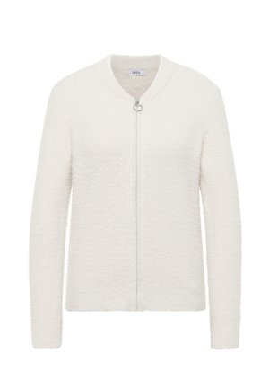 Biały kardigan na zamek z teksturowanej, miękkiej tkaniny, o wąskim kroju, z długimi rękawami i okrągłym dekoltem z okrągłym suwakiem.