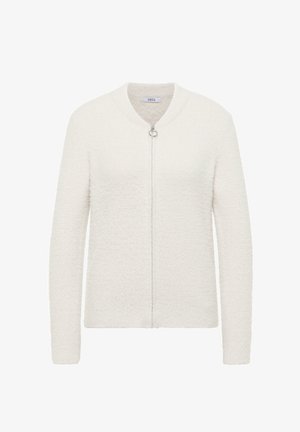 Weißer Cardigan mit Reißverschluss aus strukturiertem, weichem Stoff, schmaler Passform, langen Ärmeln und einem runden Ausschnitt mit einem runden Reißverschlussanhänger.