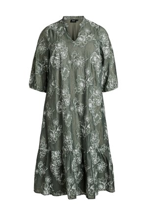 Grünes Midikleid mit weißem Blumenmuster, V-Ausschnitt, Puffärmeln bis zum Ellenbogen und einem gerafften Stufen-Saum.