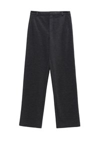 Pantalons à jambes larges en tissu gris foncé. Dotés d'un devant plat, de deux poches latérales et de passants de ceinture. Texture douce avec un design décontracté.