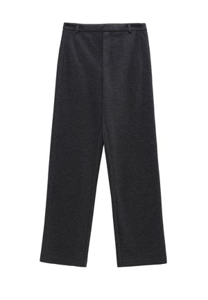Weite Hosen aus dunkelgrauem Stoff. Mit flachem Vorderteil, zwei Seitentaschen und Gürtelschlaufen. Weicher Stoff mit lässigem Design.