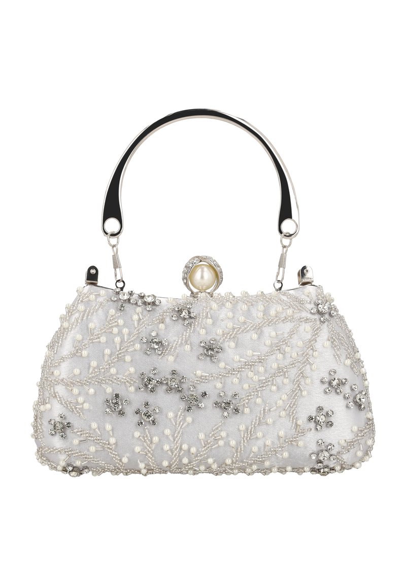 Bolso de mano con cuentas y asa plateada, decorado con bordado floral de cuentas, perlas y detalles brillantes sobre un fondo de tela gris.